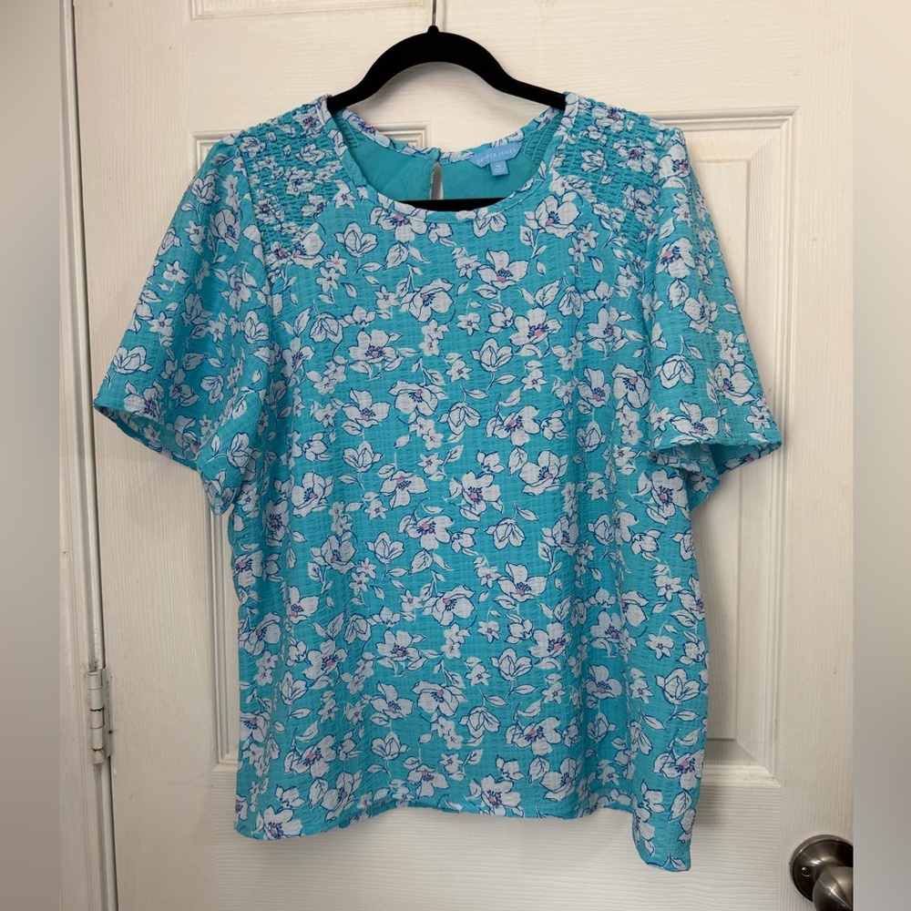 Draper James Maren Bluebell Shadow Blue White Floral  Blouse XL lined